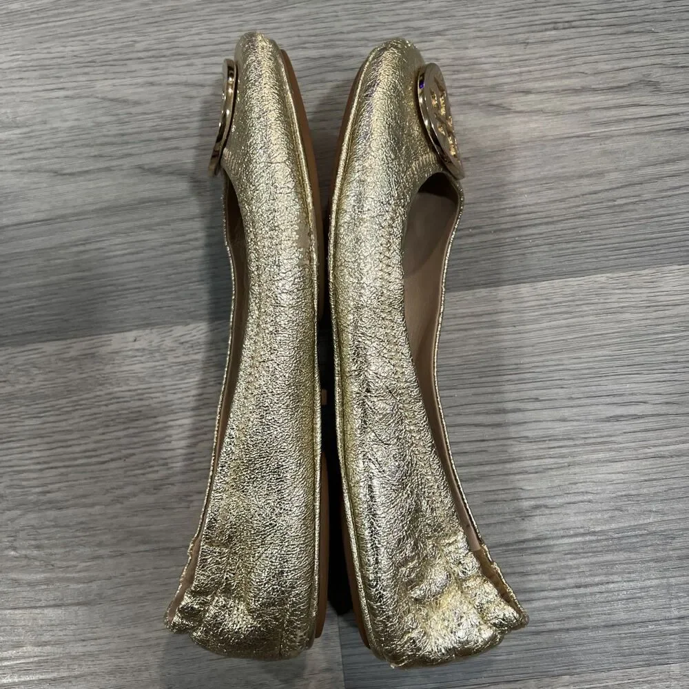 Tory Burch Gold Leather Logo Ballet Flats Womens US 9 M Round Toe Slip On